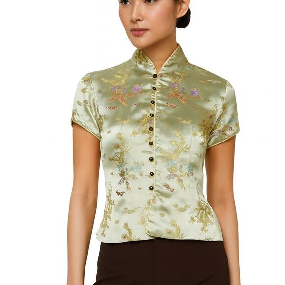Asian inspired kimono blouse top SZ SM Satin button up Mandarin Collar Brocade - Picture 1 of 9